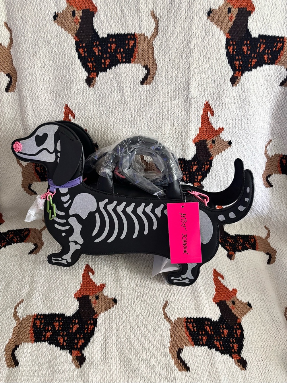 Betsey Johnson Black Dachshund Skeleton Crossbody Bag